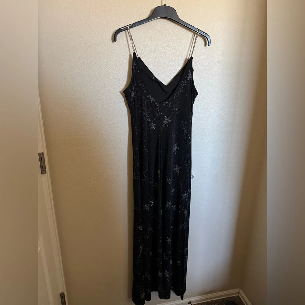 Vintage 90s Y2K JUMP Star Sequins Embellished Maxi Dress Gown Sz L Black Sparkly